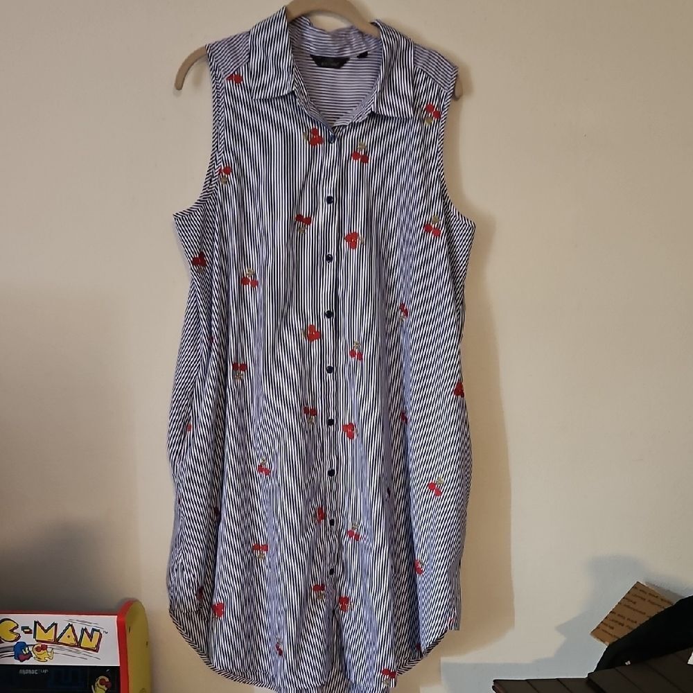 Mlle Gabrielle Blue Striped Midi Dress with Red Floral Accents